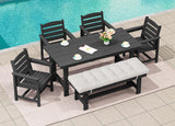 SERWALL Outdoor Dining Set for 6, HDPE Outdoor Furniture with Umbrella Hole & 1 Cushioned Bench & 4 Outdoor Dining Chairs, Black SERWALL