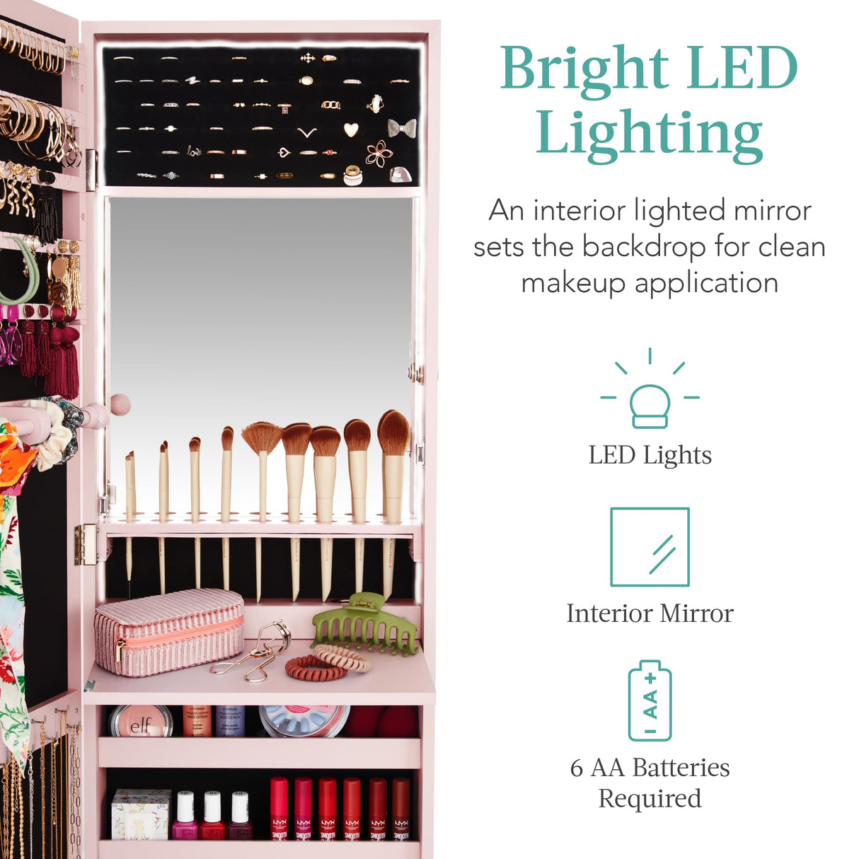 Best Choice Products LED Mirror Jewelry Cabinet, Tall Lockable Wall or Door Mounted Jewelry Armoire Organizer with Mirror, 2 Drawers, Lock, Cosmetic Tray, Shelves - Dusty Pink Best Choice Products