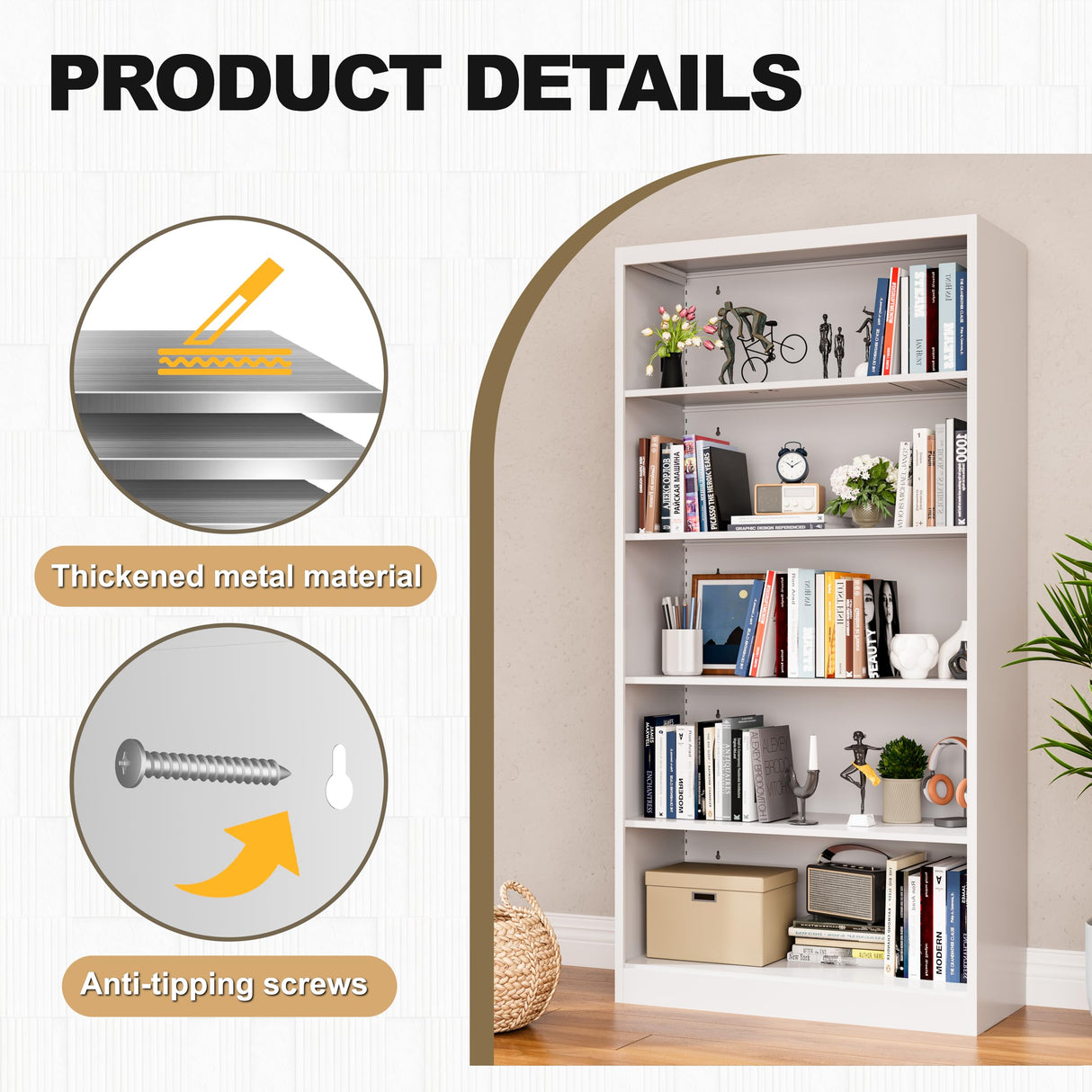 VASAAOSD 66" Tall Metal Bookcase, 5 Shelf White Bookcase with Adjustable Shelves, Large Bookshelves and Bookcases, Modern Book Shelf Storage Organizer for Living Room, Home Office, Library VASAAOSD