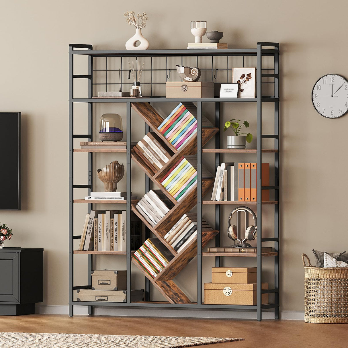 RALGEND Triple 6-Tier Bookshelf, Industrial Large Bookcase with 18 Open Display Shelves, Modern Tree Bookcase with Metal Frame and Hanging Function for Living Room, Home Office, Rustic Brown and Black
