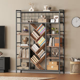 RALGEND Triple 6-Tier Bookshelf, Industrial Large Bookcase with 18 Open Display Shelves, Modern Tree Bookcase with Metal Frame and Hanging Function for Living Room, Home Office, Rustic Brown and Black