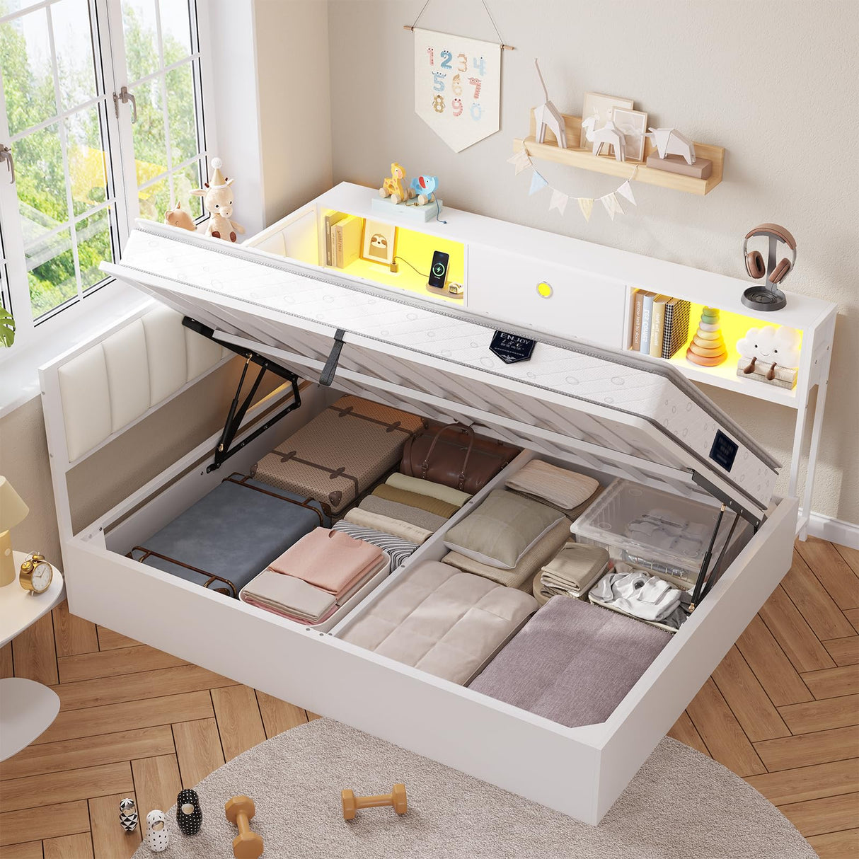 DICTAC Full Corner Bed Frame with Hydraulic Storage,Charging Station and Led Lights Metal Lift up Platform Storage Bed Frame with Upholstered Headboard,Full Size Daybed with Bookcase Guardrail,White DICTAC