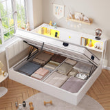 DICTAC Full Corner Bed Frame with Hydraulic Storage,Charging Station and Led Lights Metal Lift up Platform Storage Bed Frame with Upholstered Headboard,Full Size Daybed with Bookcase Guardrail,White DICTAC