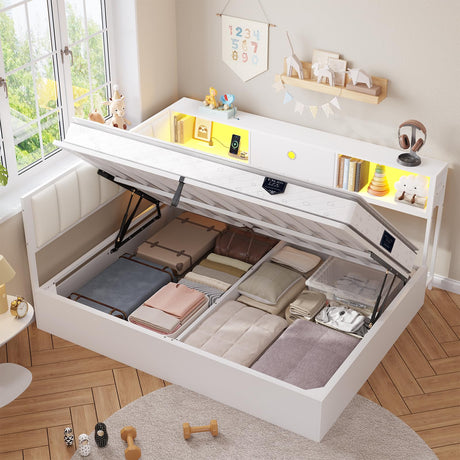 DICTAC Full Corner Bed Frame with Hydraulic Storage,Charging Station and Led Lights Metal Lift up Platform Storage Bed Frame with Upholstered Headboard,Full Size Daybed with Bookcase Guardrail,White DICTAC