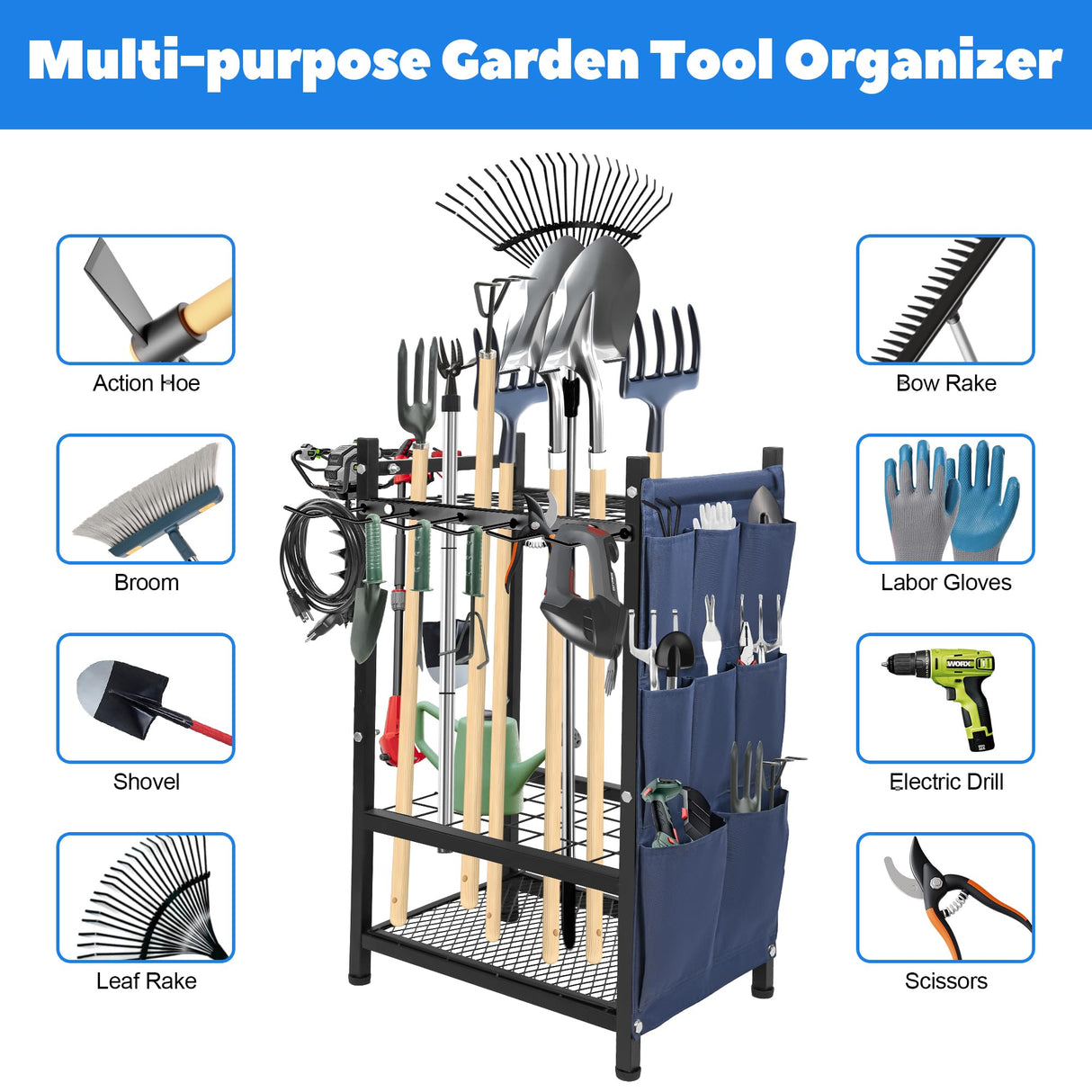 SAMRELAX Garden Tool Rack Freestanding, Heavy Duty Garden Tool Organizer, 3-tier Tool Rack, Multifunctional Yard Tool Storage with Hooks and Storage pockets for Outdoor Long-Handled Broom Shovel Rake SAMRELAX