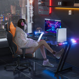 HLDIRECT 63 Inch Gaming Desk with LED Lights Carbon Fibre Surface Gaming Table Large Computer Desk Ergonomic Home Office Desks Z Shaped PC Gamer Workstations with Cup Holder & Headphone Hook Black HLDIRECT