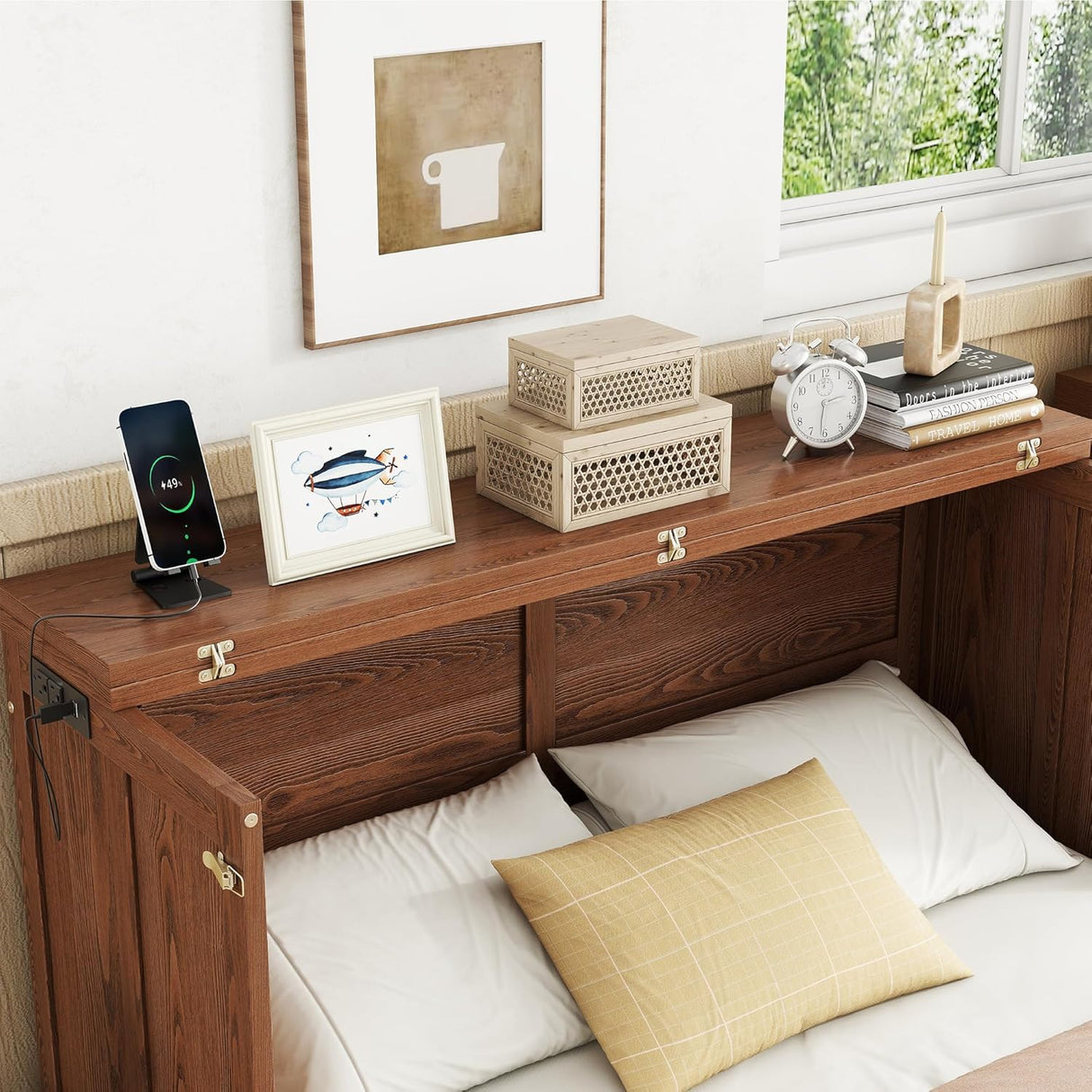 MERITLINE Solid Pine Wood Full Murphy Bed with Storage Drawer and Charging Station,Wood Folding Walnut Murphy Chest Bed Cabinet for Adults MERITLINE