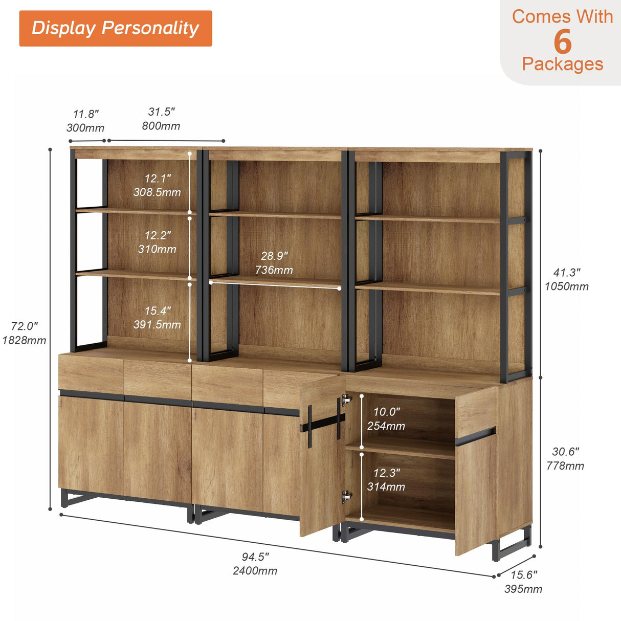 WAMPAT 3 PCS Modern 72" Tall Bookcases with Metal Base and Adjustable Shelves, Library Book Shelf with Storage Cabinet and Open Book Shelfs, Wood Bookshelves for Home Office, Living Room, Oak WAMPAT