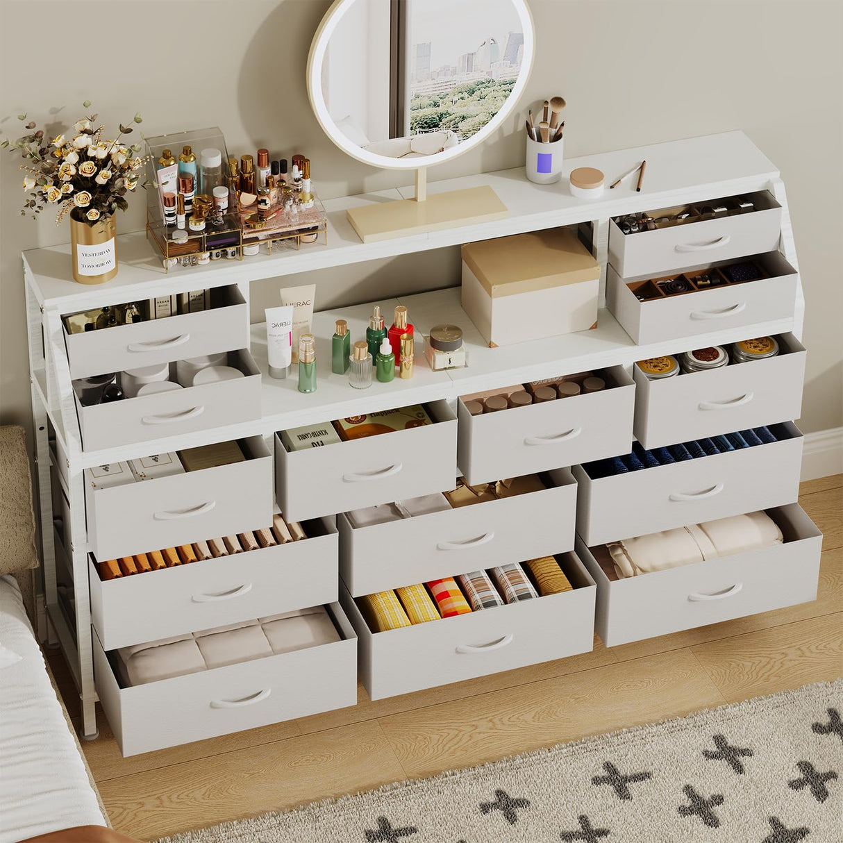 DrawXynth White Dresser for Bedroom, 55" TV Stand with 14 Drawers, Long Dresser & Chests of Drawers with Shelves & Sturdy Metal Frame & Wood Top DrawXynth