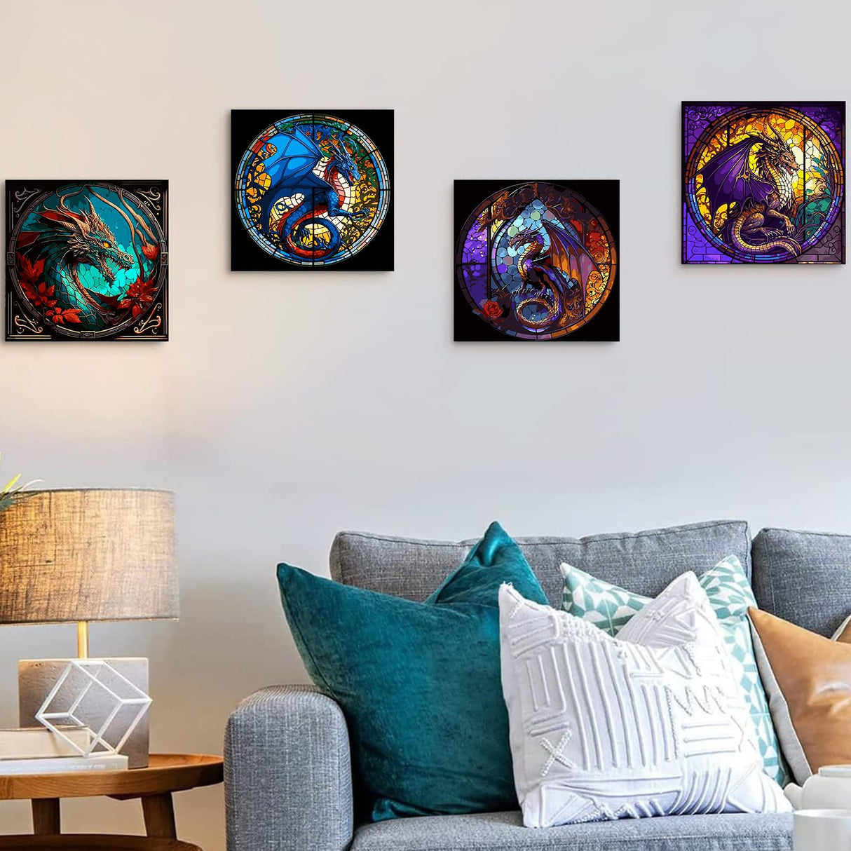 4 Packs Paint by Number for Adults, Animal DIY Acrylic Oil Painting Paint by Numbers Kits on Canvas, Adults Paint by Numbers Kits Drawing Paintwork for Home Decor Gift Dragon 15.7x15.7in KICHANG