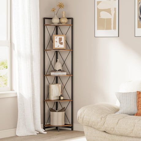 Cerlyunzan 5 Tier Corner Shelf Stand, 64" H Tall Industrial Corner Bookshelf for Living Room Decor, Metal Corner Shelf, Plant Stand Display Shelf for Bedroom, Bathroom, Small Space, Rustic Brown Cerlyunzan