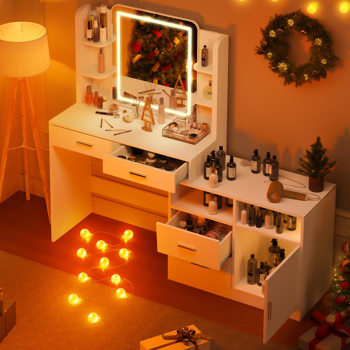 Pamapic Vanity Desk with Mirror and Lights, 13 Storage Makeup Vanity with 4 Drawers and 8 Shelves, 62" Large Dresser Dressing Table with Power Outlet, 3 Lighting Modes, Silent Slides, White Pamapic