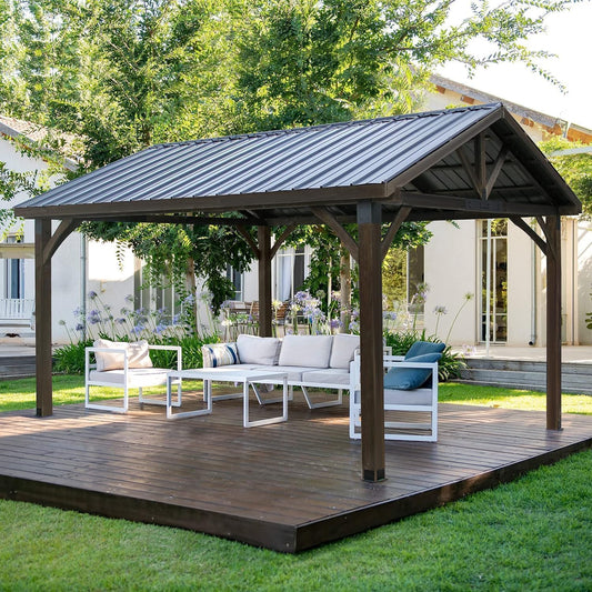 U-MAX 14ft x 12ft Hard-Top Gazebo, Wood Gazebo, Arlington Polycarbonate Pyramid Hip Roof for Garden, Backyard, Black-Brown Roof and Natural Wood Frame, Coffee - WoodArtSupply