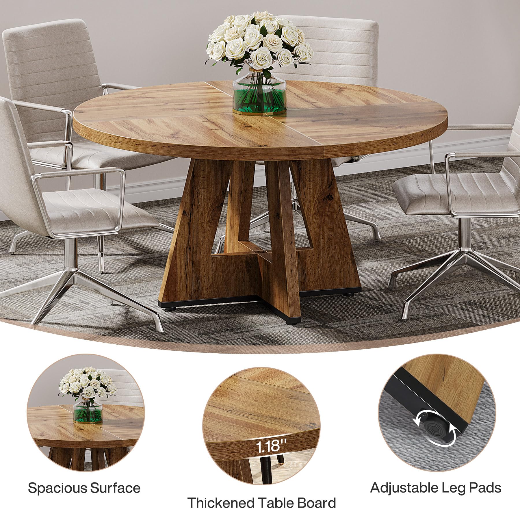 Tribesigns 47-Inch Round Conference Table for 4-6 People, Wooden Meeting Room Table with Thicken Tabletop and Wood Base, Modern Meeting Training Desk for Conference Room Seminar Room (Wood) - WoodArtSupply