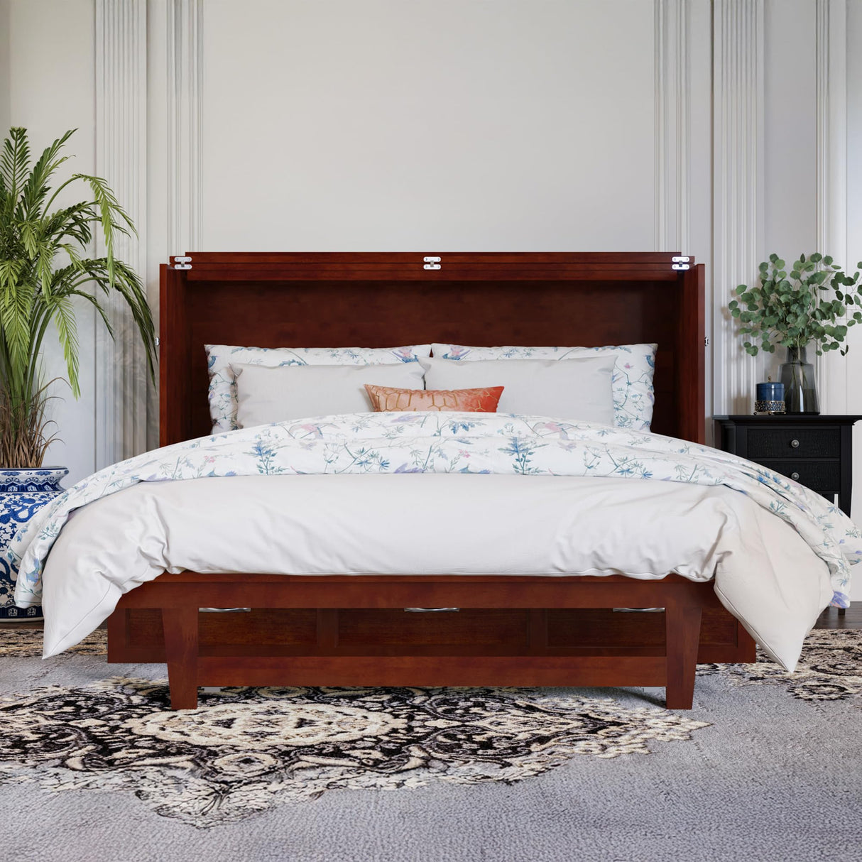 AFI, Northfield Murphy Bed Chest Queen with 6" Mattress, Storage Drawer & Built-in USB Charger, Walnut AFI