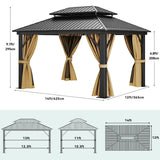 DWVO 12x14ft Hardtop Gazebo Double Roof with Nettings and Curtains, Heavy Duty Galvanized Steel Outdoor Vertical Stripes Roof for Patio, Backyard, Deck, Lawns, Brown DWVO