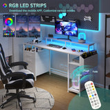 Lufeiya White Computer Desk with File Drawers Cabinet, 55 Inch Home Office Desk with Monitor Stand Shelves, Writing Study Gaming Desks with Led Light Power Outlets for Bedroom, White Lufeiya