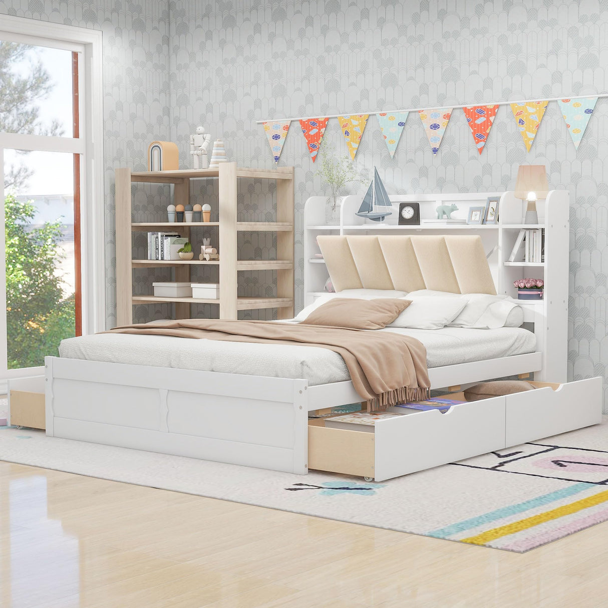 P PURLOVE Queen Storage Bed Frame with Upholstered Headboard, Shelves and 4 Drawers in White P PURLOVE