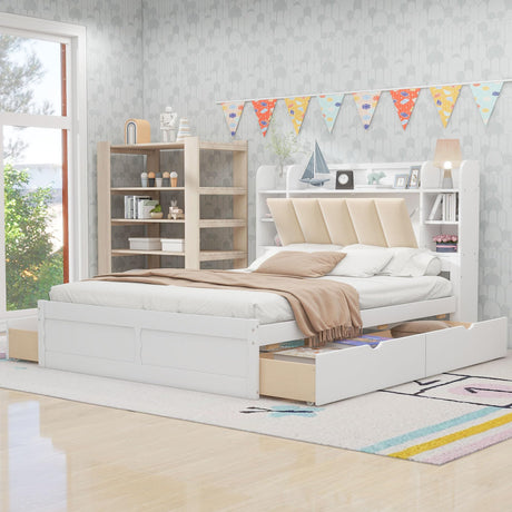 P PURLOVE Queen Storage Bed Frame with Upholstered Headboard, Shelves and 4 Drawers in White P PURLOVE