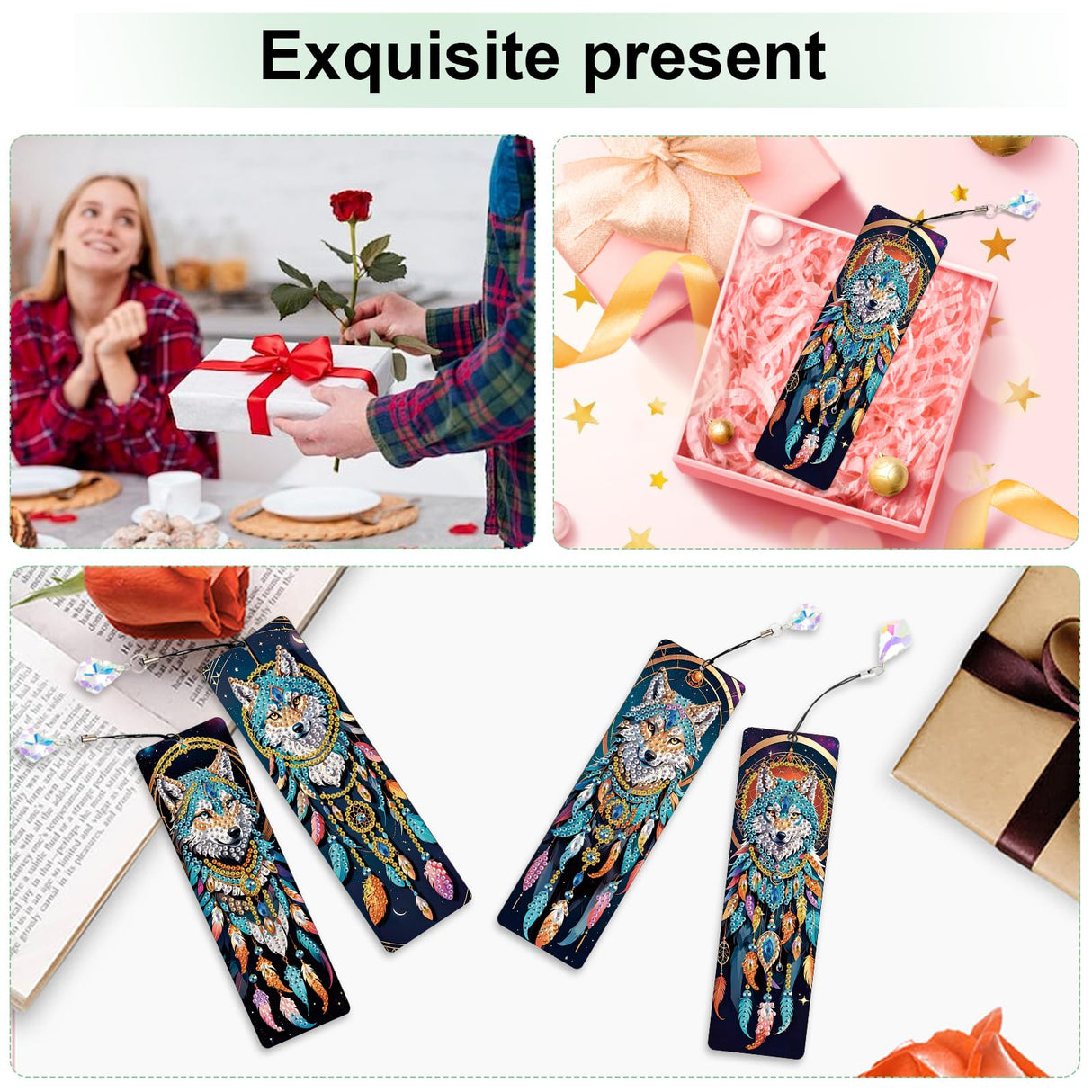 4 Pack Diamond Painting Bookmark Kits Blue Wolf Dreamcatcher, Special Shaped Diamond Art Bookmarks with Pendant, DIY Handmade Crafts Home Office Supplies Reading Bookmark, Perfect Gift for Book Lovers Focart