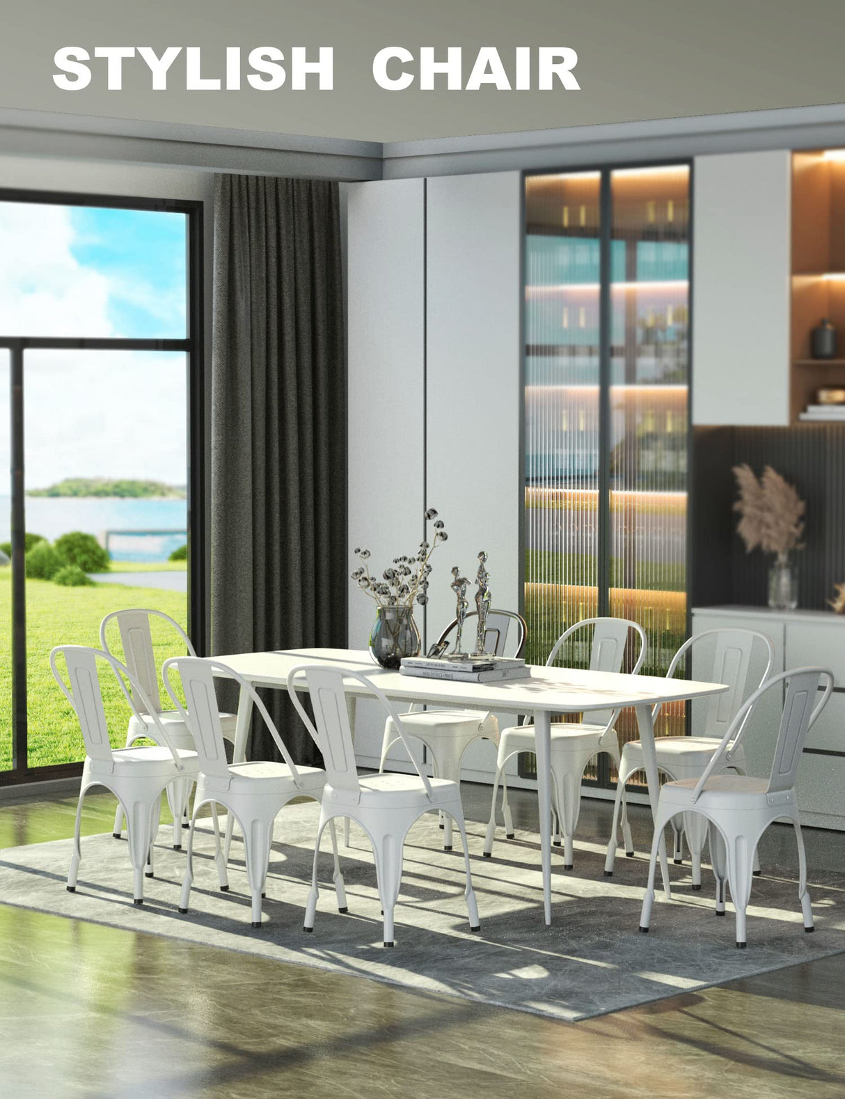 Nazhura Metal Dining Chair Farmhouse Tolix Style for Kitchen Dining Room Café Restaurant Bistro Patio, 18 Inch, Stackable, Waterproof Indoor/Outdoor (Sets of 4) (White) Nazhura