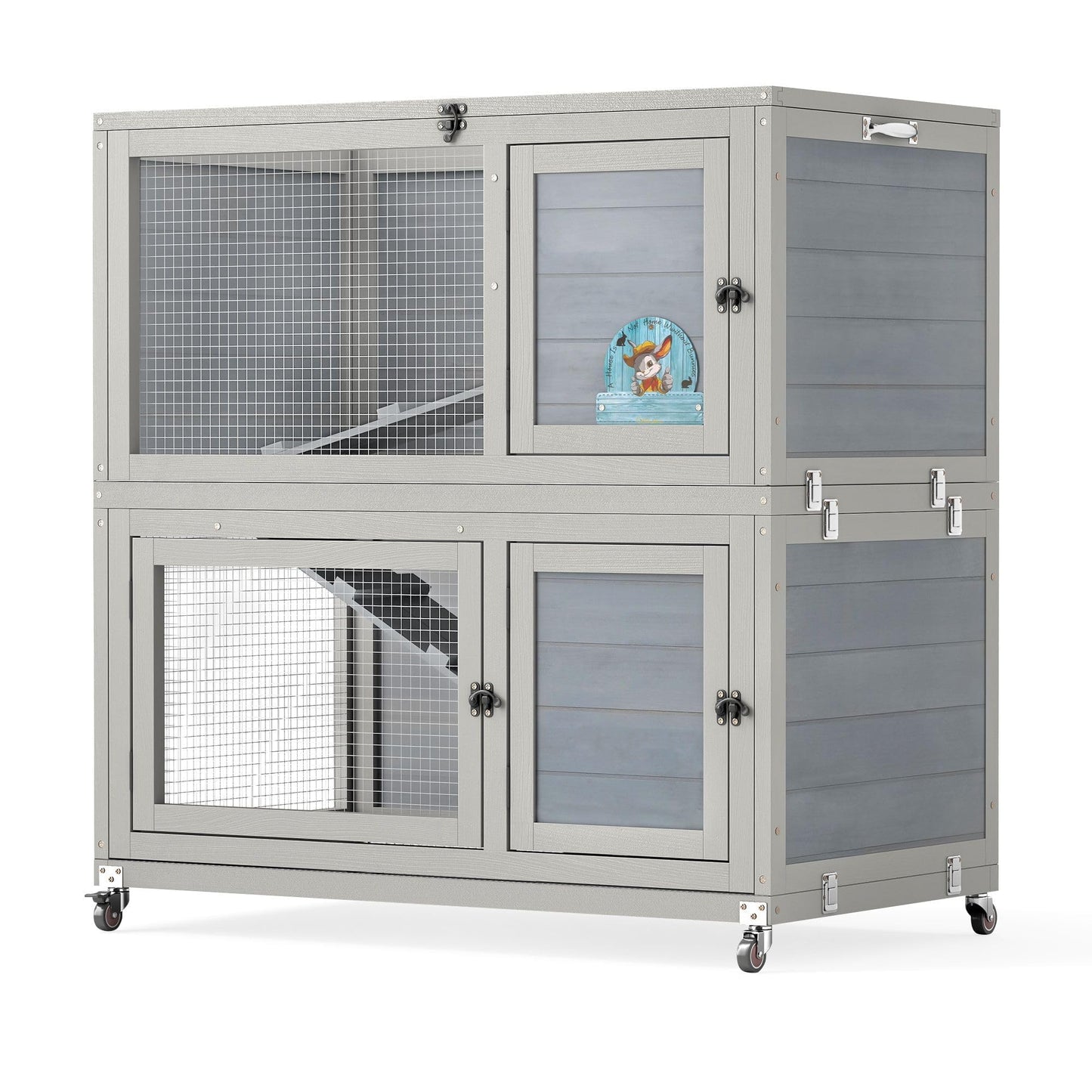 2 Story Wooden Rabbit Hutch, Weatherproof Indoor Outdoor Bunny Cage Rabbit House with Wheels, Pull Out Tray, Non-Slip Ramp, Wooden Chicken Coop, Pet House for Rabbits and Guinea Pigs, Grey