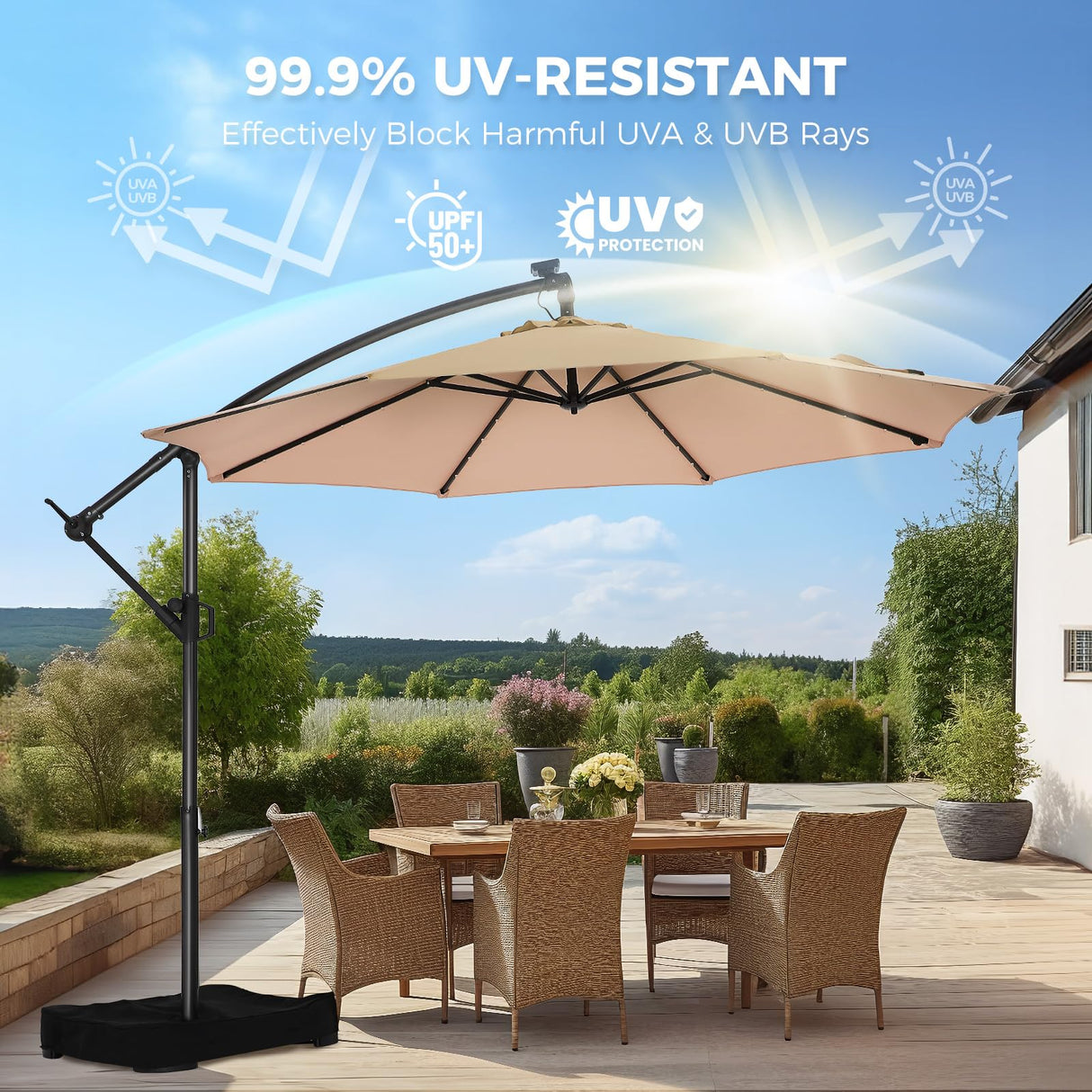 HOMSHADE 10ft Solar Lights Offset Cantilever Patio Umbrella - with Light and Base, LED Lighted Offset Hanging Patio Outdoor Market Umbrella UPF50+ UV Protection with Easy Tilt and Crank (Beige) HOMSHADE
