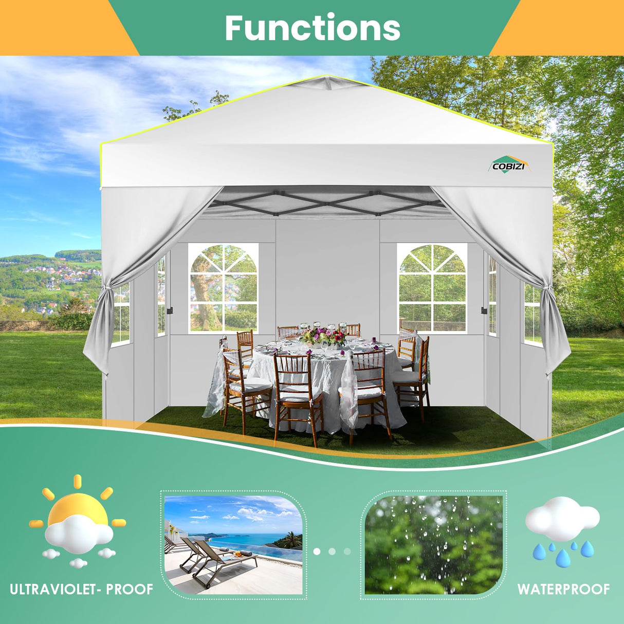 COBIZI 10x10 Pop Up Canopy Tent, One Push Setup Glow Outdoor Tent with 4 Sidewalls, 3 Adjustable Height, Air Vent,Waterproof UPF50+, Bag, Sandbag, Stake, Rope for Wedding, Commercial, Party, White COBIZI