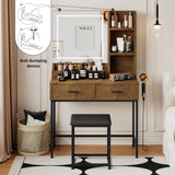 Aklaus Vanity Desk Worn Wood Brown Vanity Table with Light Mirror Small Corner Distressed Wood Makeup Vanity with Stool Modern Dressing Table for Bedroom Walk-in Closet Bathroom Powder Room Aklaus