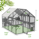 Lovinouse Large Wooden Outdoor Cat House, 57.2ft² Cat Run Enclosure Walk in Catio Kitten Condo with 2 Doors, 2 Playpen & Hiding Houses, Bridges, Walks, Roof Cover, Gray Lovinouse