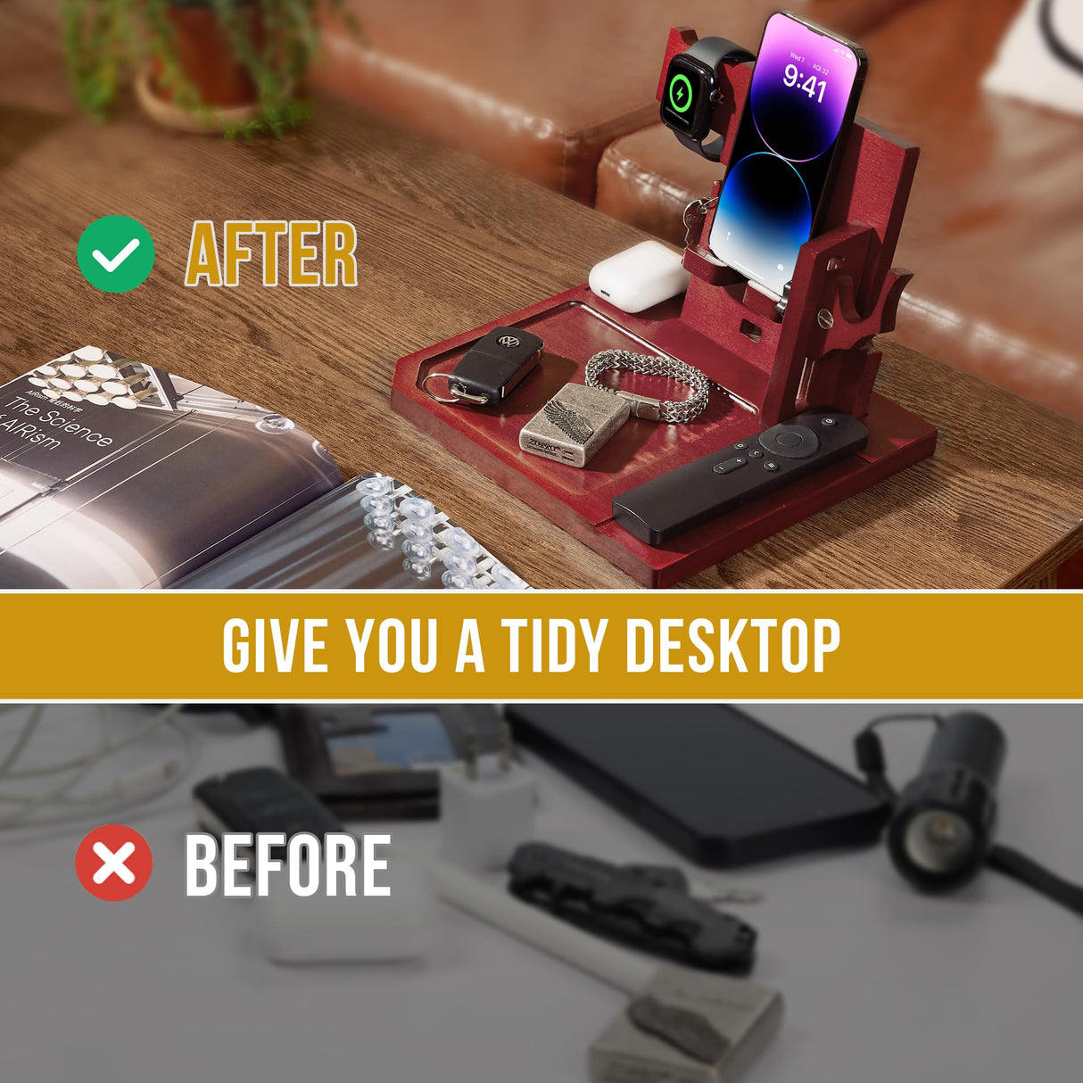 OneTigris Wood Phone Docking Station, Gifts for Men Nightstand Organizer Desk Organizer Beside Wallet Tray Watch Stand with Gun Rack, Anniversary Birthday Gifts for Dad Husband Boyfriend Fathers' Day OneTigris