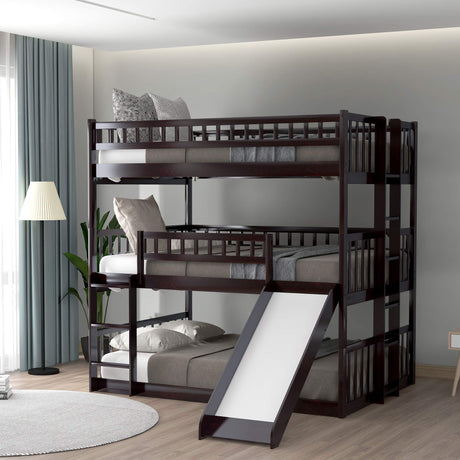 Triple Bunk Beds with Slide ，Wooden Bunk beds Full Over Full Over Full ，Floor Triple Bunk Bed with Ladder & Guardrails for kids /Teens/Adults,Can be Convertible to 3 Beds ,Espresso Harper & Bright Designs