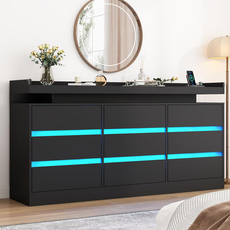 Hlivelood 9 Drawer Dresser with Power Outlet & LED Light, Modern Chest of Drawers for Closet Modern Large Dresser Organizer Cabinet for Bedroom, Living Room, Black Hlivelood