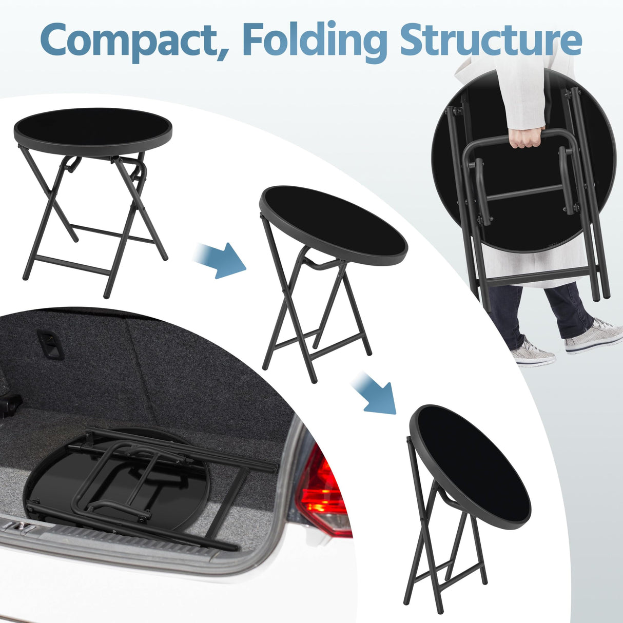 Yaheetech Outdoor Folding Side Table, Round Patio Folding End Table with Silk Tempered Glass Tabletop, Portable Small Garden Bistro Table for Garden Balcony Porch Deck, Black Yaheetech