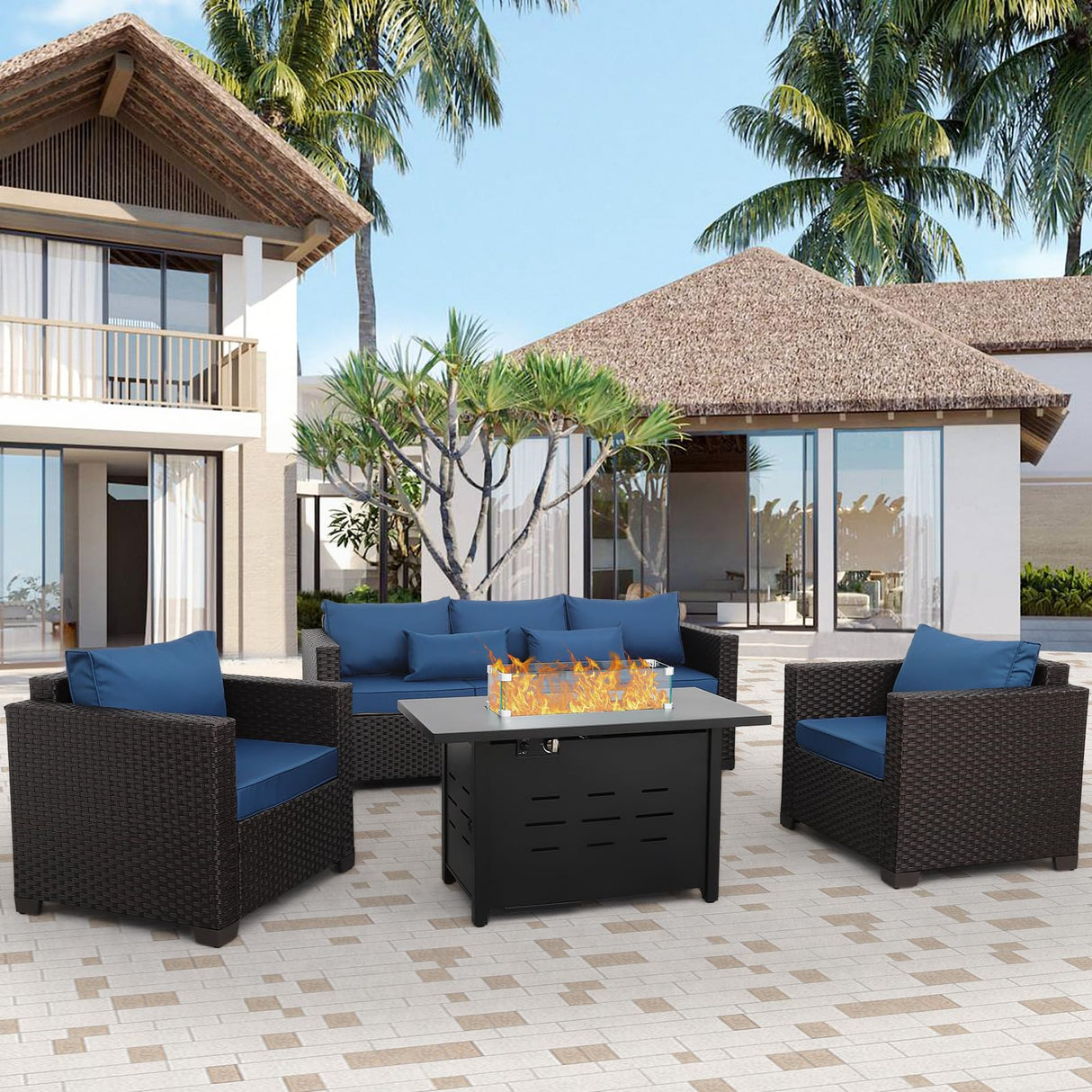 4 Piece Patio Furniture Set 45 Inches Fire Pit Table Outdoor Furniture Sets Patio Couch Outdoor Chairs 50000 BTU Propane Fire Pit with Non-Slip Cushions and Waterproof Covers, Navy Blue Rattan Star