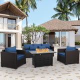 4 Piece Patio Furniture Set 45 Inches Fire Pit Table Outdoor Furniture Sets Patio Couch Outdoor Chairs 50000 BTU Propane Fire Pit with Non-Slip Cushions and Waterproof Covers, Navy Blue Rattan Star