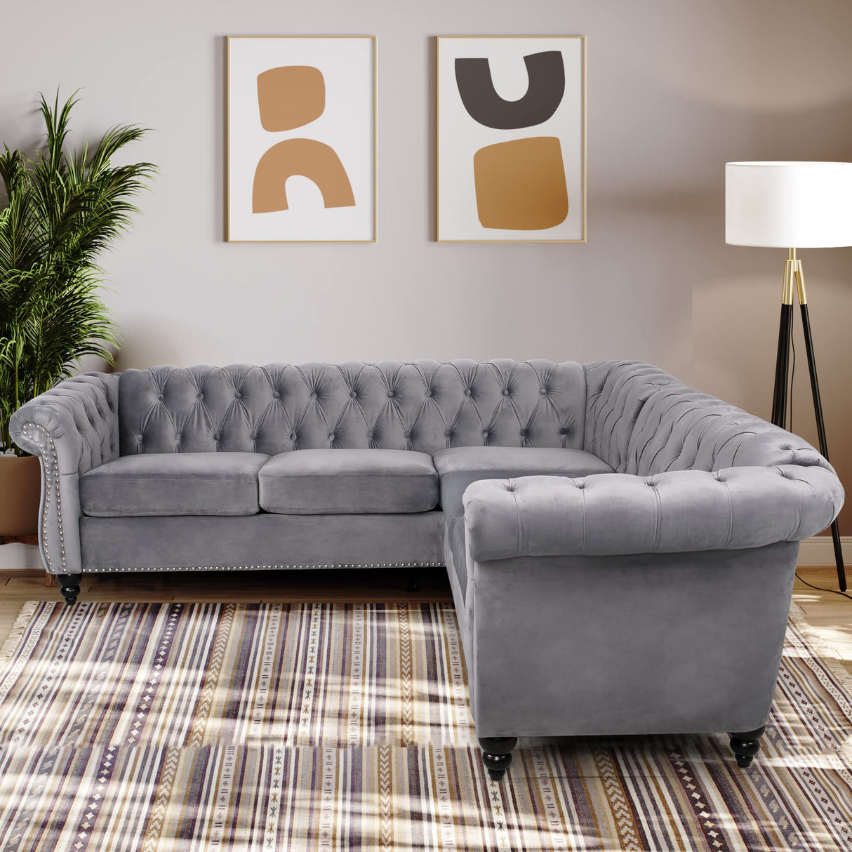 QHITTY L-Shaped Sofa, Sectional Chesterfield Couch 5-Seater Velvet Upholstered Small Accent Tufted Sofa with Rolled Armrest and Nailhead Design for Living Room, Apartment, Office (Grey) QHITTY