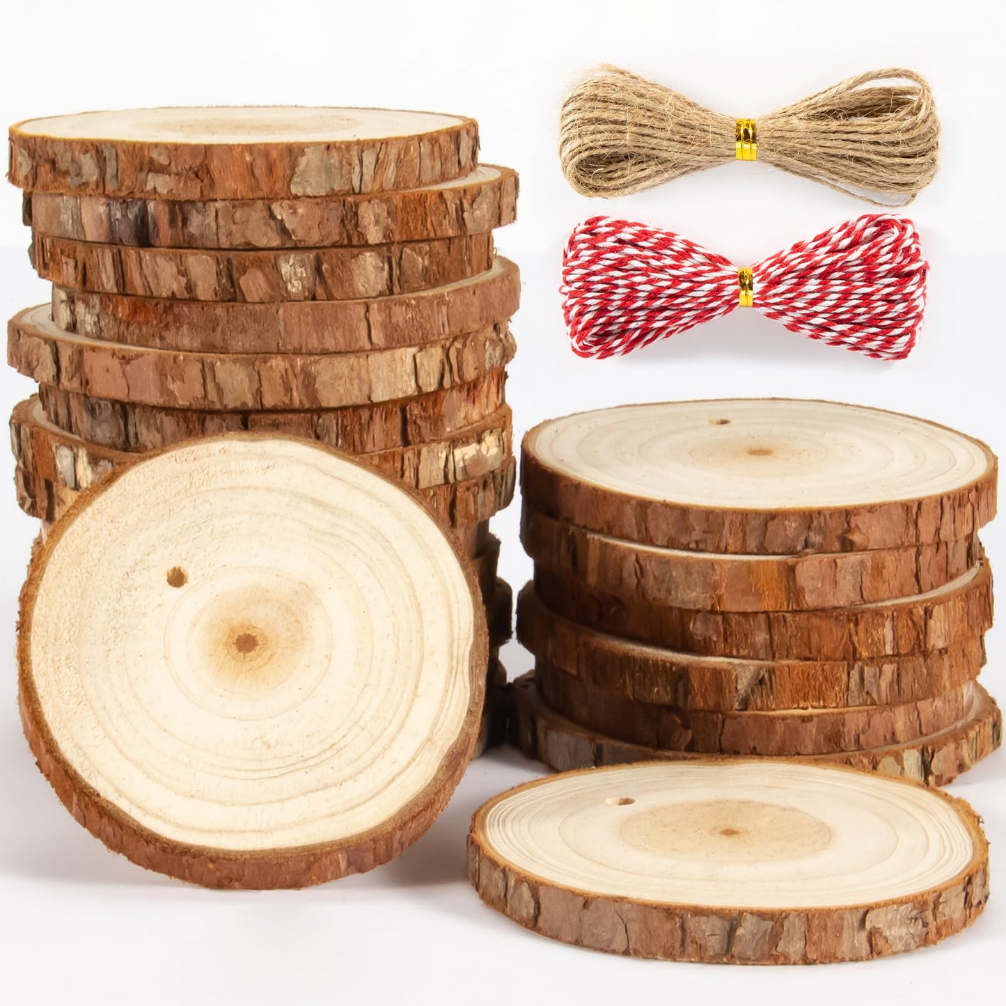 Sukh 20PCS Christmas Natural Wood Slices - Unfinished Wood Slices 2.7-3.1 Inches Wood Circles Predrilled with Hole Wood Circles Kit Wood Discs for DIY Christmas Ornaments,Arts,Crafts