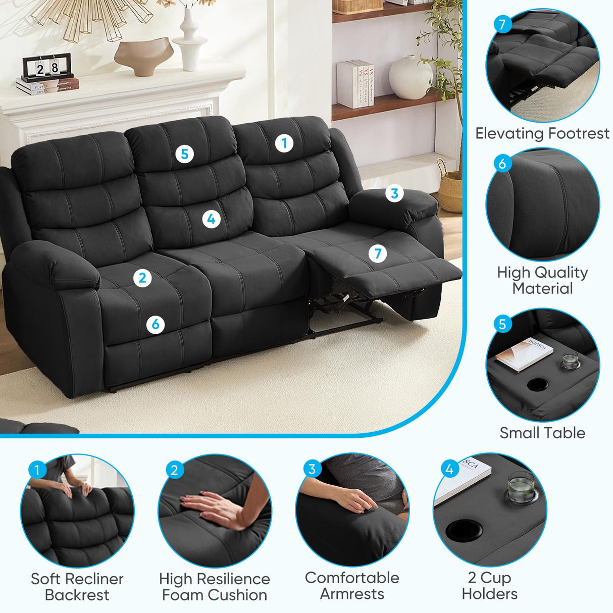 Mjkone Recliner Home Theater Seating, 3 Seater Reclining Couch Sofa & Loveseat & Chair Sets, 6 Seat Manual Control Reclining Living Room Set, Double Love Seat Recliner Sofa Couch Set, Dark Grey Mjkone
