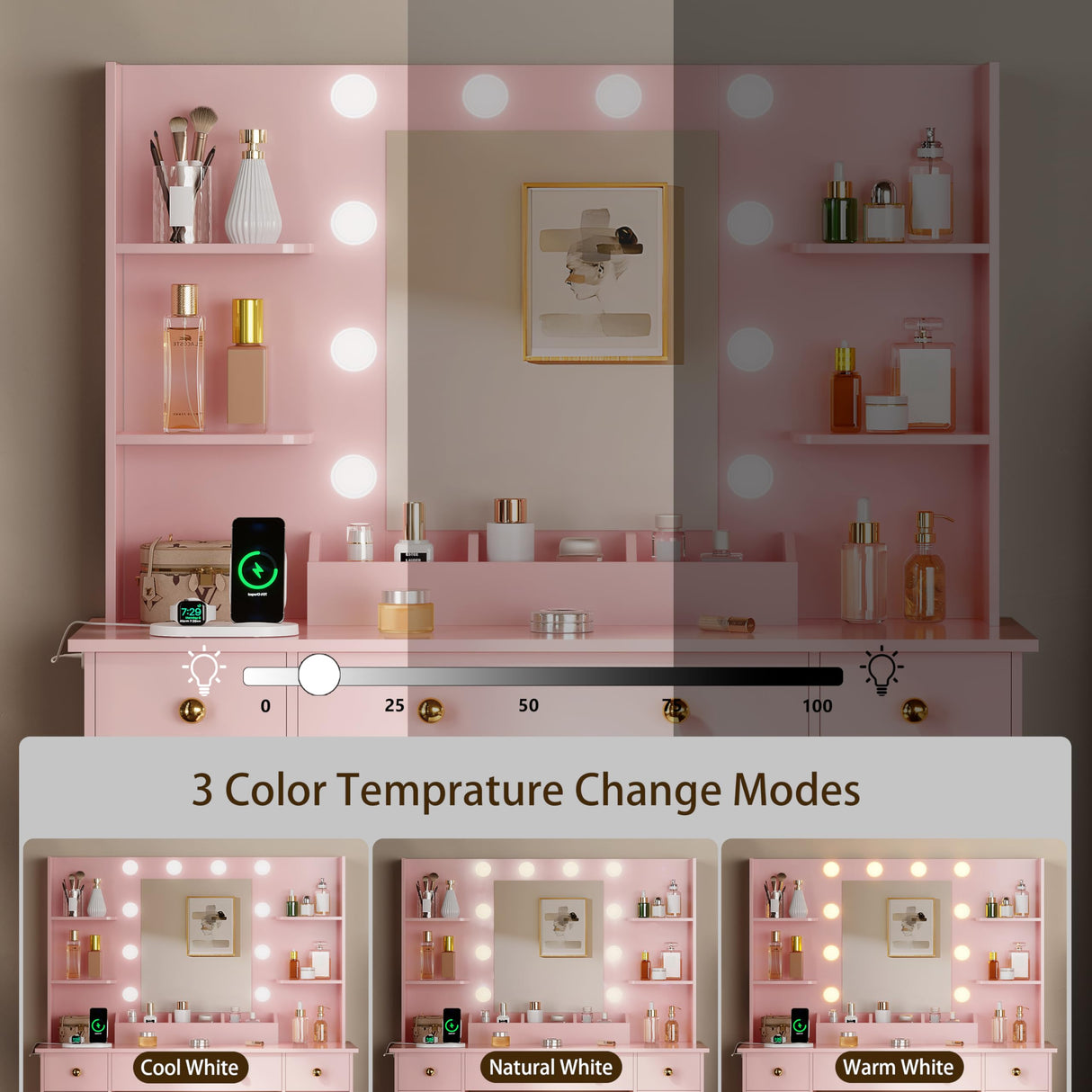 HUANLEGO Vanity Desk with Mirror and Lights,Pink Makeup Vanity with Charging Station & Vanity Stool, 3 Drawers and Cabinets White Vanity Mirror with RGB LED Lights Vanity Desk and Chair for Women HUANLEGO