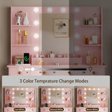 HUANLEGO Vanity Desk with Mirror and Lights,Pink Makeup Vanity with Charging Station & Vanity Stool, 3 Drawers and Cabinets White Vanity Mirror with RGB LED Lights Vanity Desk and Chair for Women HUANLEGO