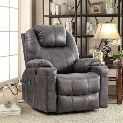 OUINCH Manual Swivel Glider Rocker Recliner Chair with Massage and Heat, 2 USB Ports, 2 Cup Holders, 2 Side Pockets and 2 Front Pockets, Bronze Suede Fabric (Grey)