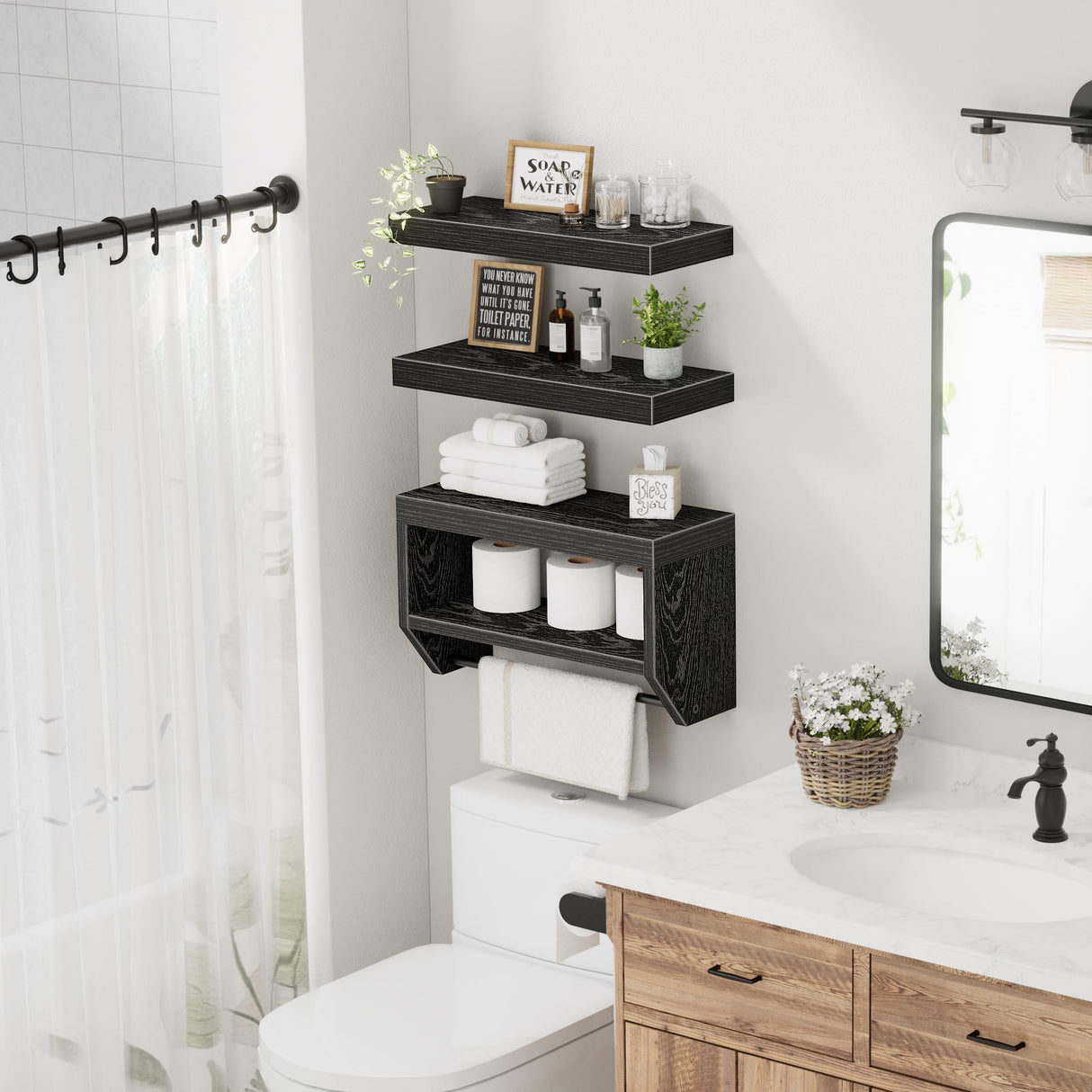 QEEIG Bathroom Floating Shelves for Wall - Shelf Over Toilet Paper Storage Farmhouse 16 inch Set of 3, Black (028-40B3) QEEIG