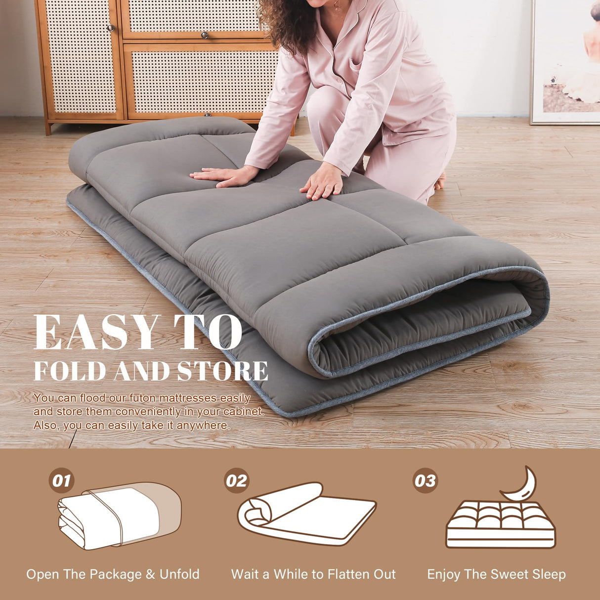 WhatsBedding Japanese Floor Mattress Futon Mattress 3" Grey Tatami Mat Shredded Memory Foam Filled Sleeping Pad, Foldable & Portable Roll Up Lounger Camping Bed for Kids and Adult,Twin Size 39"x 80" WhatsBedding