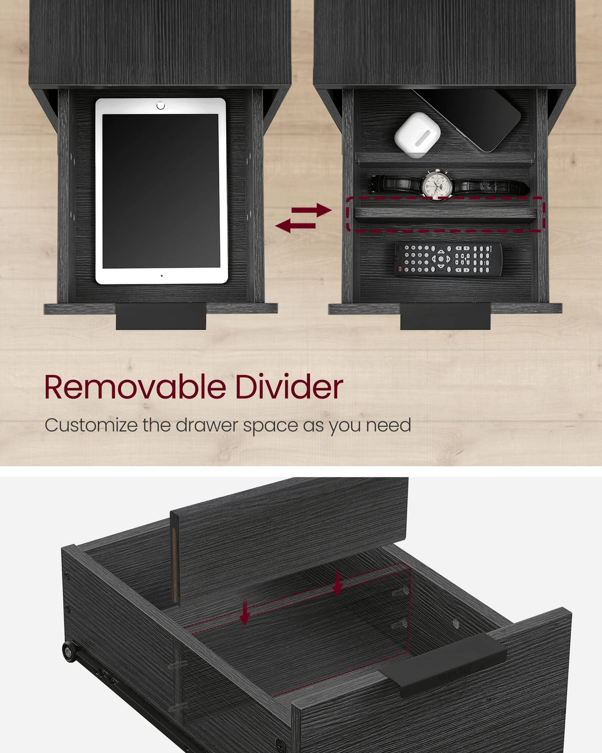 VASAGLE Side Table with Charging Station, Narrow End Table with 2 Drawers, Slim Nightstand and Bedside Table with Storage, for Small Spaces, Black ULET321B22 VASAGLE