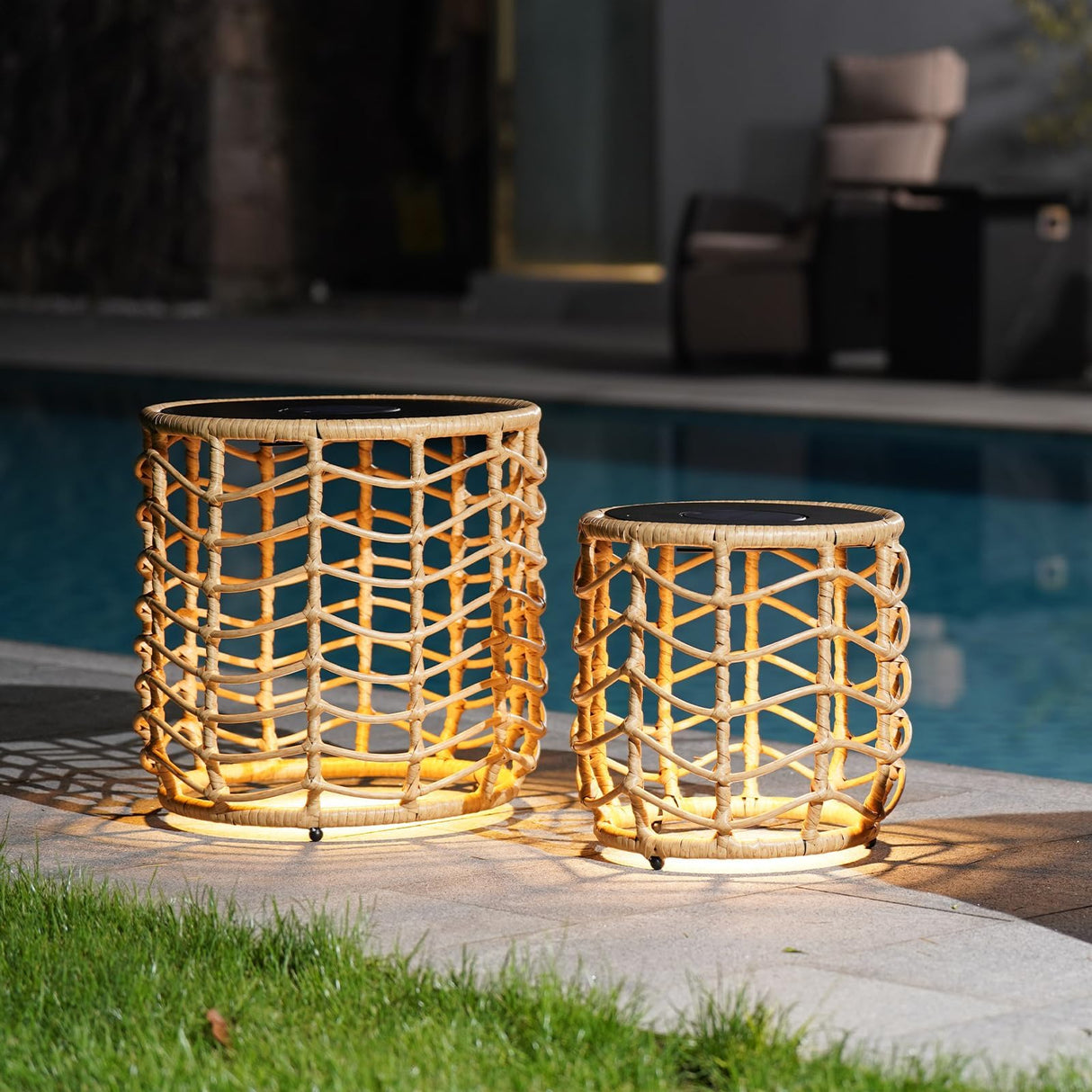 Solar Yard Boho Solar Nesting Tables with Built-in Lights - Set of 2, Weather-Resistant Wicker for Patio, Porch, Garden, Perfect Side Table for Outdoor Living, Natural & Stylish Design Solar Yard
