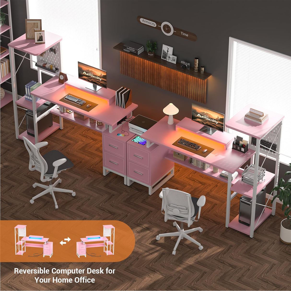 Computer Desk with 2 Fabric Drawers - Reversible Home Office Desk with Power Outlet & LED Lights, 53" Writing Desk with Monitor Stand & Storage Shelves, Gaming Desk Study Table with Pegboard, Pink armocity