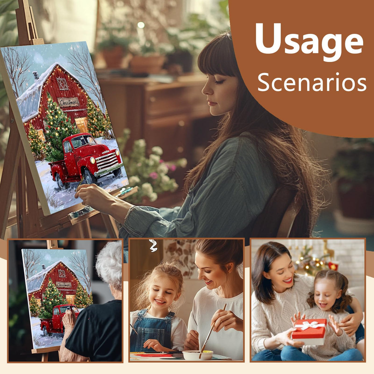 Reivworl 3 Pack Framed Paint by Numbers for Adults with Wooden Easel, Christmas Paint by Numbers Kit for Adults Beginner, Acrylic Painting by Number for Home Decor 8X12 Inch Reivworl