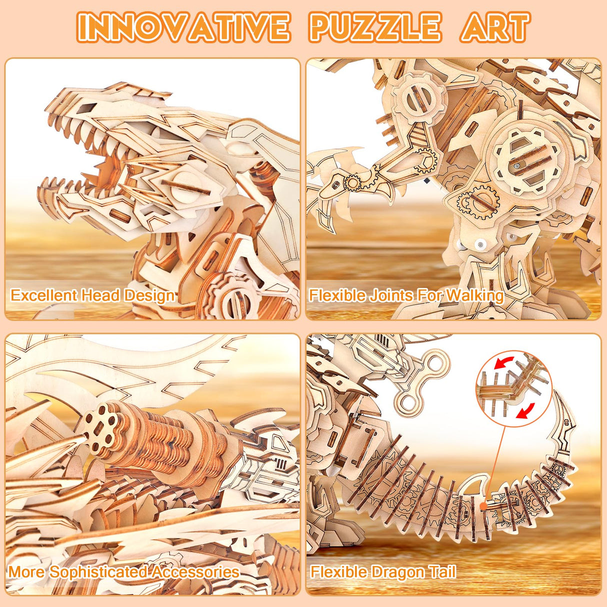 RMOKA 3D Wooden Puzzles for Adults, Building Sets Walking and Roaring Dragon Wooden Model Kit - DIY Mechanical Dragon Puzzle Toys for Boys Kids Ages 8-12-14, Gifts for Teen Men with Lifelike Walk RMOKA