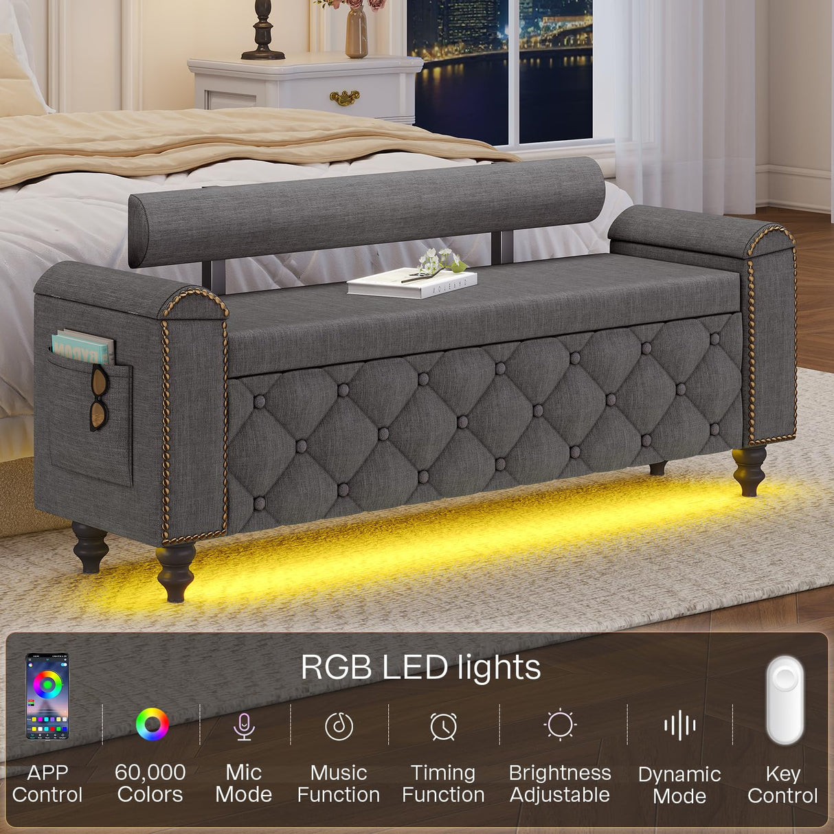51" Ottoman with Storage, Storage Ottoman Bench with Upholstered Backrest, Tufted Entryway Bench with Curved Arm Support, End of Bed Bench with LED Lights,Storage Bench for Bedroom,Living Room,Grey Tagafi